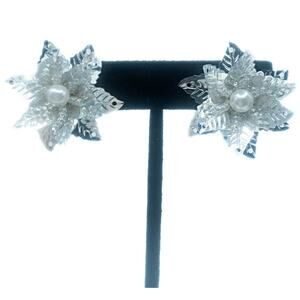 Vintage Poinsettia Christmas Earrings Silver Foil AB Beads Faux Pearl Clip On